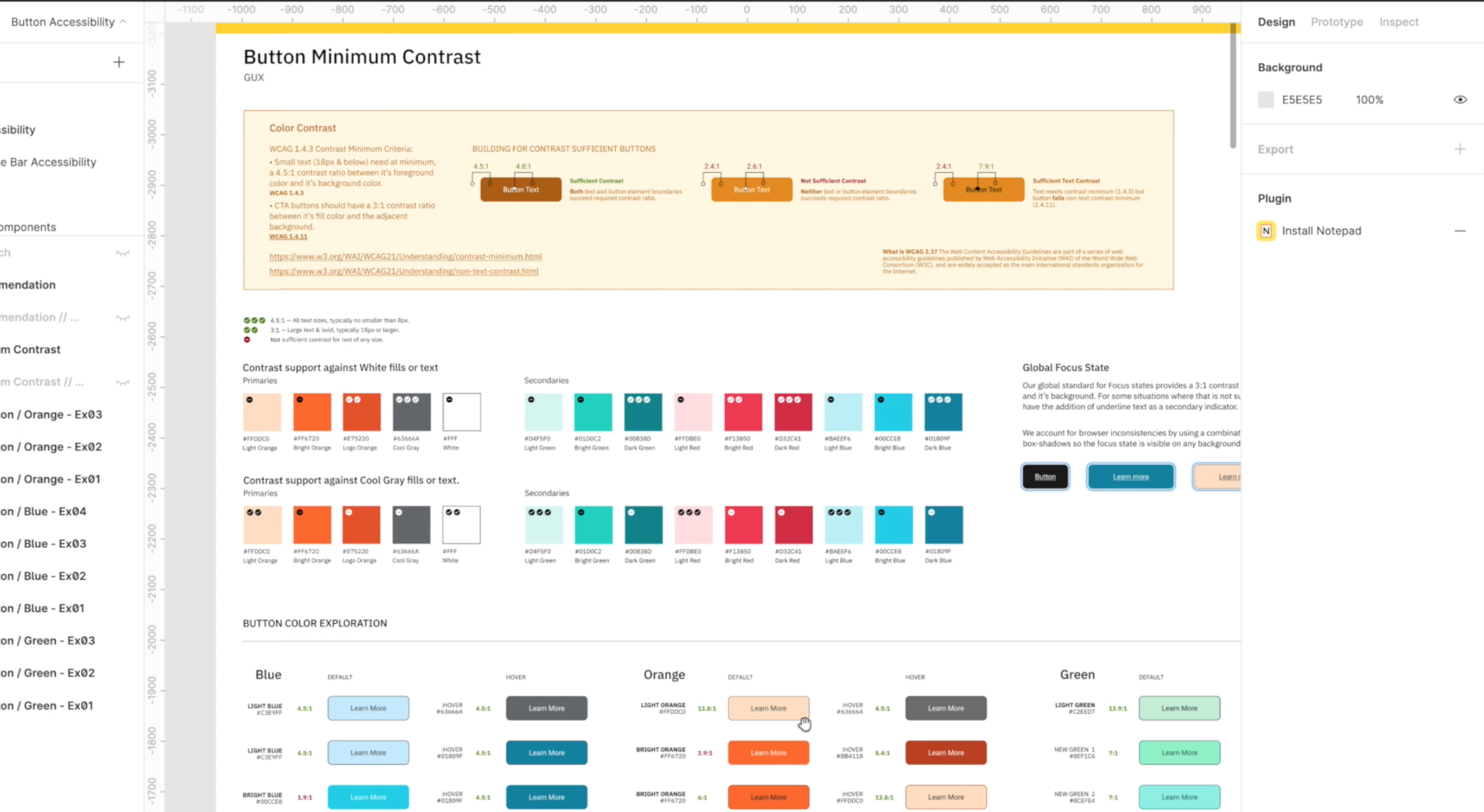 A screenshot of a Figma board breaking down color contrast ratios for Black+Decker branded buttons