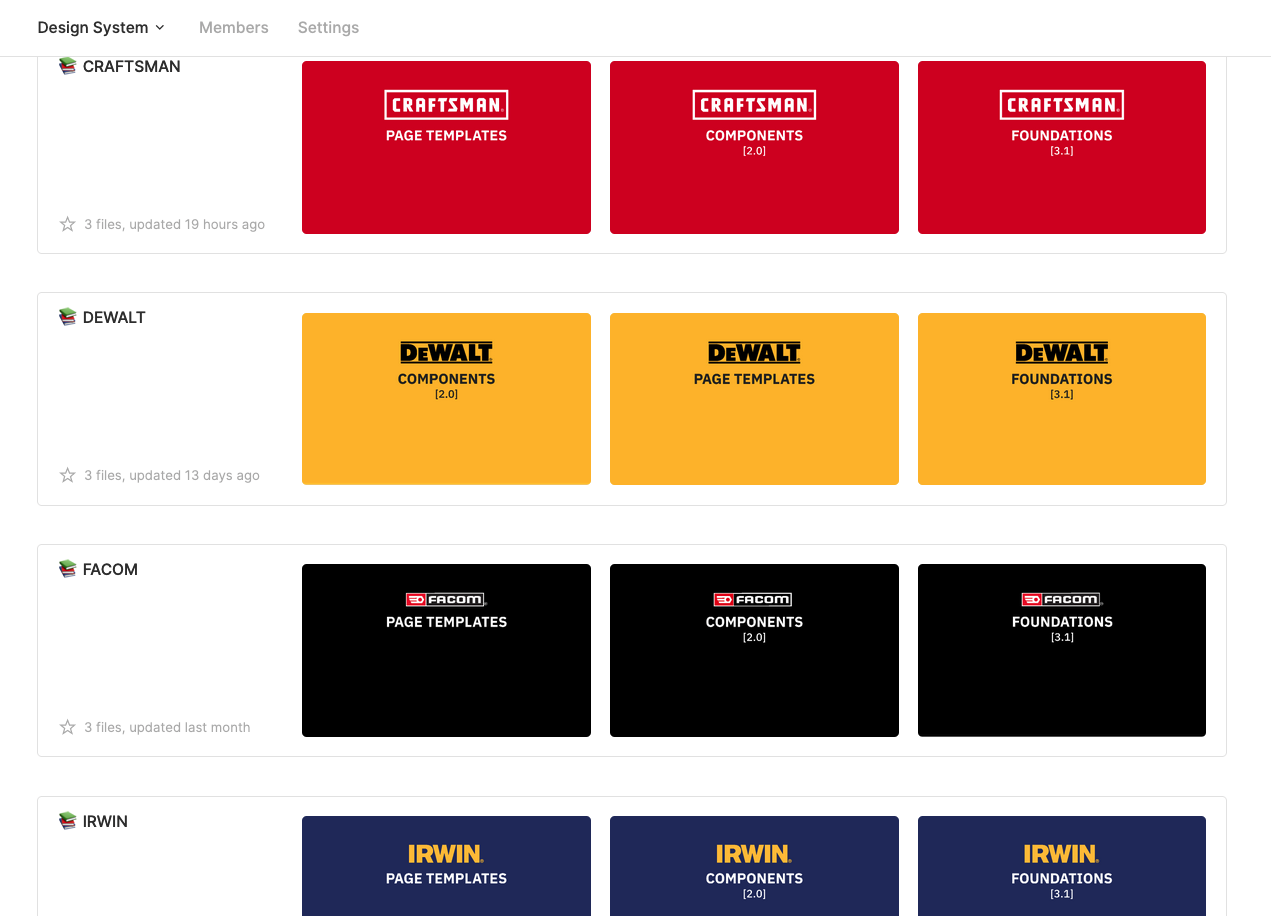 A screenshot of Figma projects showcasing the design system for brands like Craftsman and DEWALT