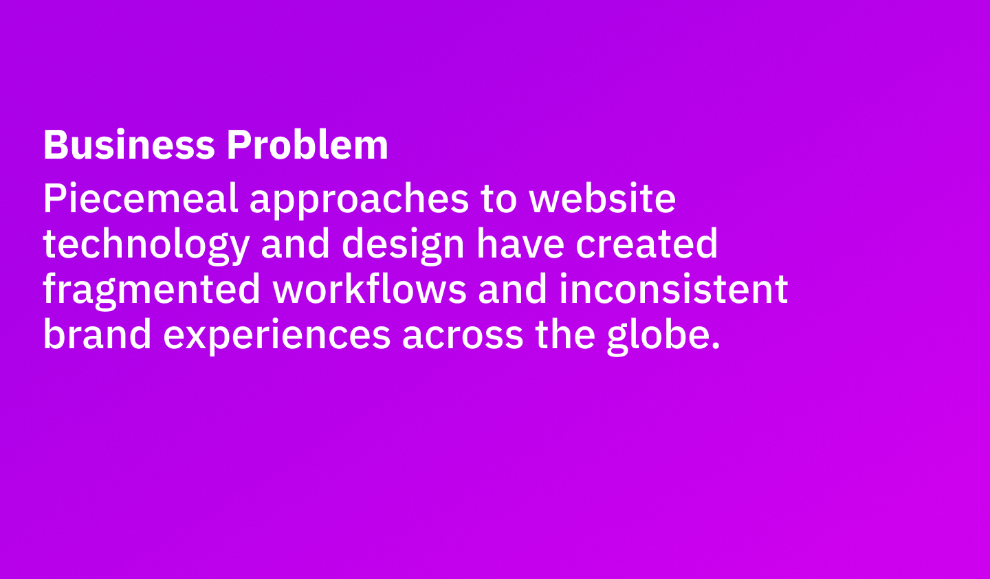 A screenshot of a presentation slide that reads: 'Business Problem - Piecemeal approaches to website technology and design have created fragmented workflows and inconsistent brand experiences across the globe.'